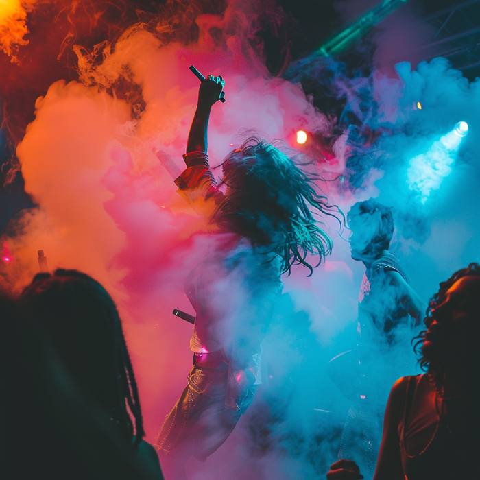 Image shows people dancing in a cloud of vapour, holding e-cigarettes